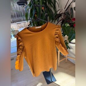 Zara Mustard Ruffle-Trim 3/4 Sleeve Top
